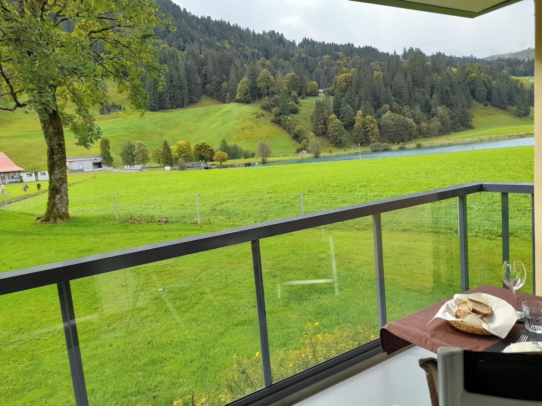 A balcony with a view of a green landscape, a table with a plate of food, and a glass of water.