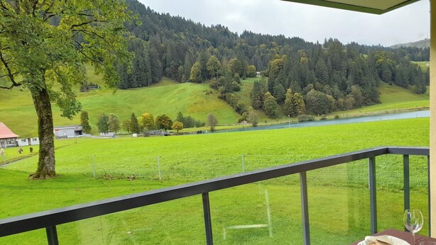 A balcony with a view of a green landscape, a table with a plate of food, and a glass of water.