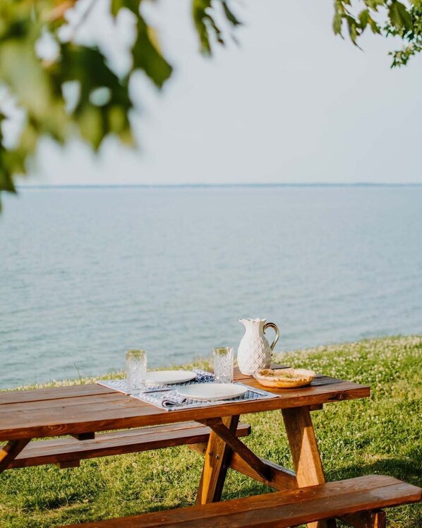 A wooden picnic table with a pitcher, glasses, and a plate set on a grassy area by a body of water.