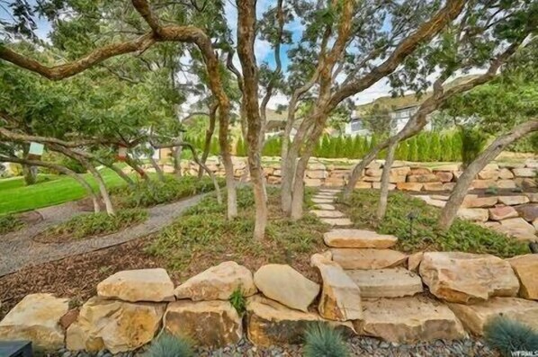 Un jardin aménagé avec un sentier en pierre, des arbres et un mur de pierres.