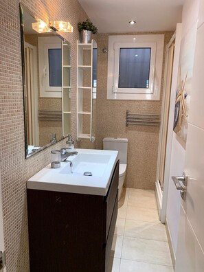 Shower, hair dryer, towels