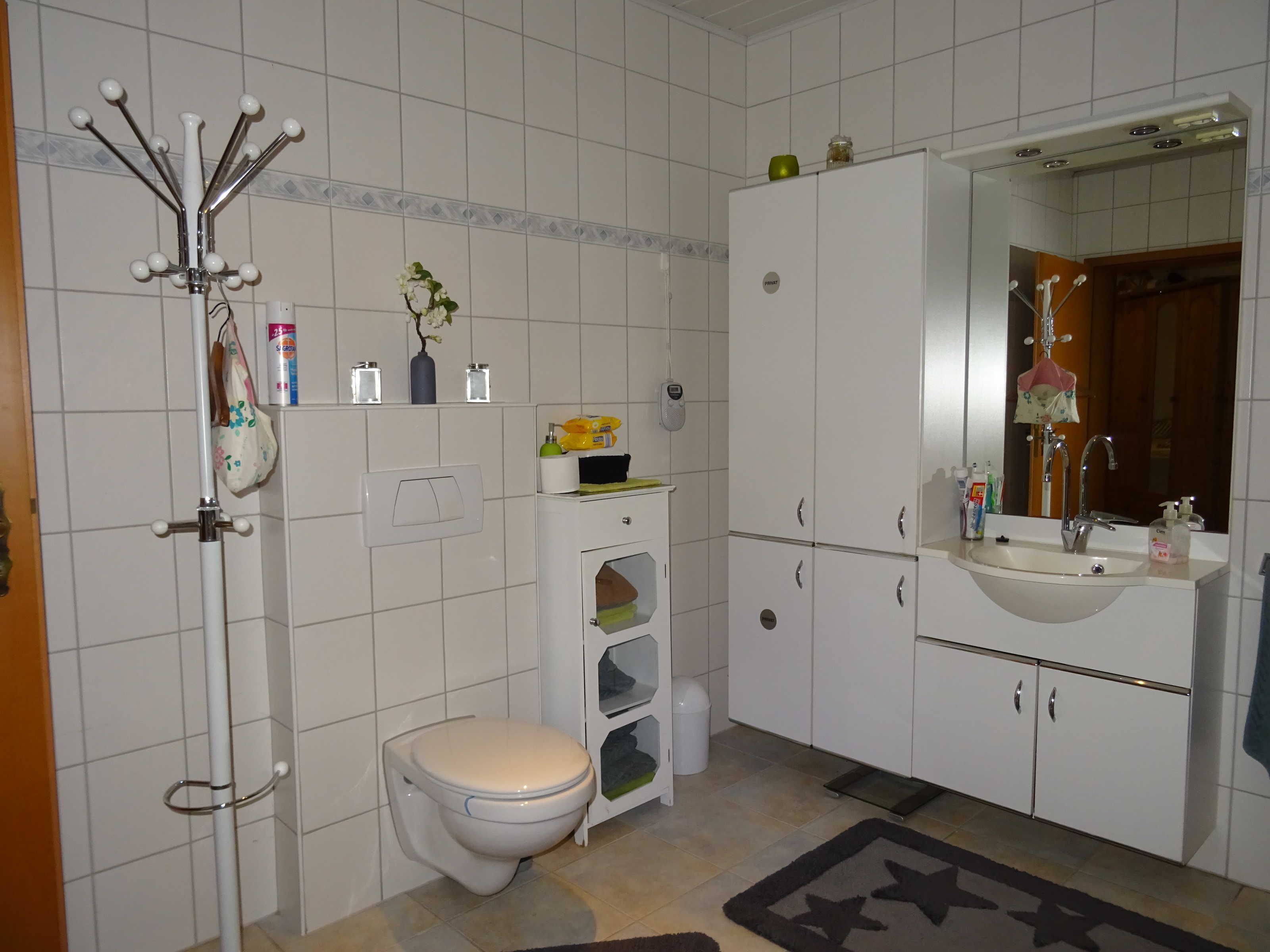 Un baño con inodoro, lavabo, mueble y espejo.
