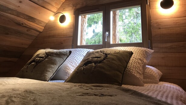 Een gezellig slaapkamer in een houten hut met schuine wanden, een bed met twee kussens en een raam met uitzicht op bomen.