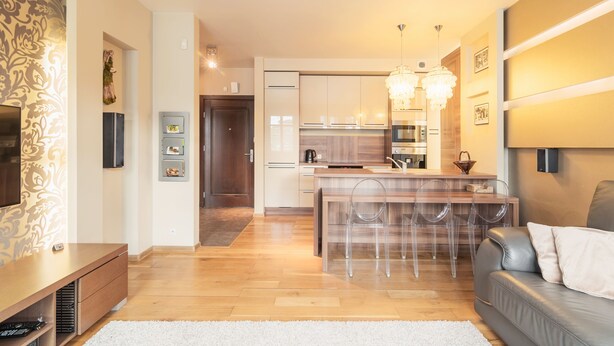 A modern living room with a grey sofa, a TV, and a wooden entertainment unit. - Grand Apartments - Willa Morska (Sopot)