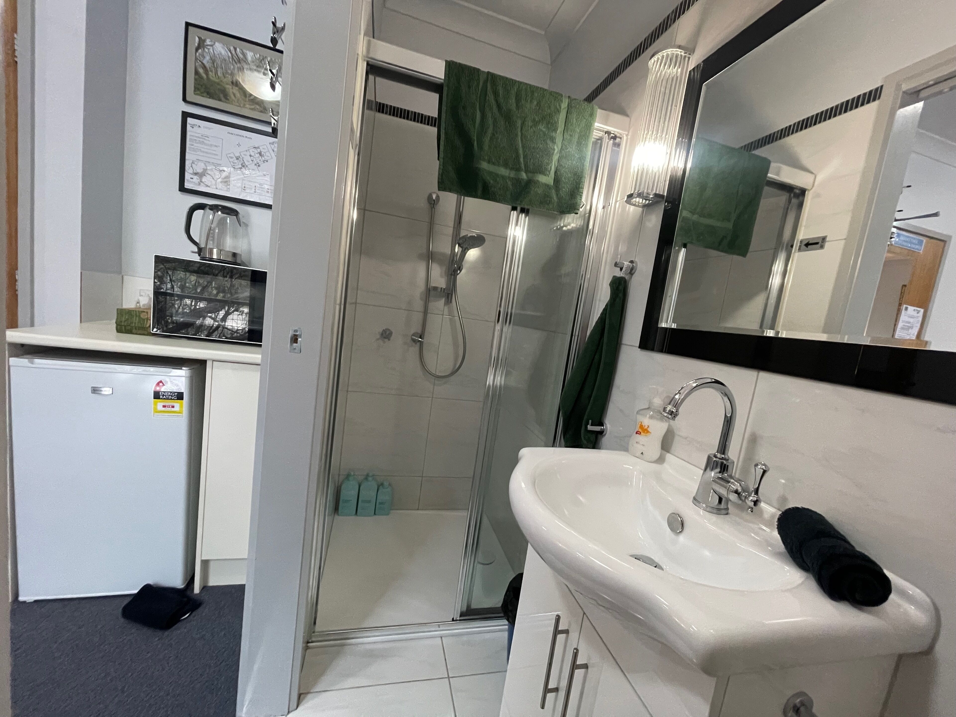 Shower, hair dryer, towels, soap