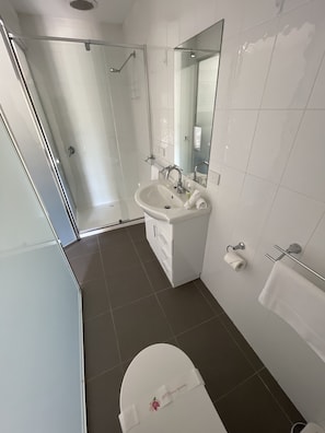 Dusche, Haartrockner, HandtĂŒcher, Seife