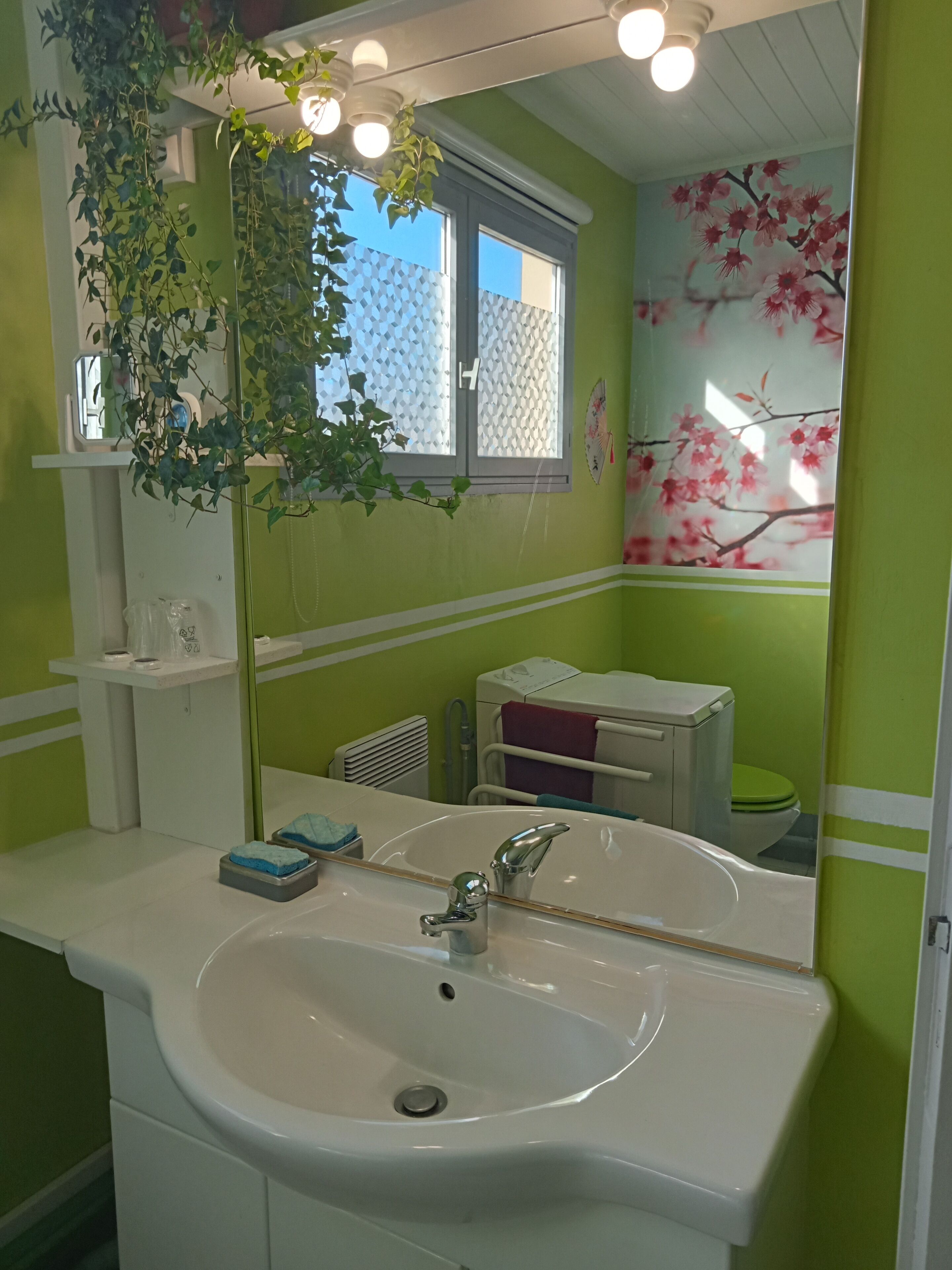 Een badkamer met een wit wastafelmeubel, groene wanden, een raam met uitzicht en een spiegel met verlichting.