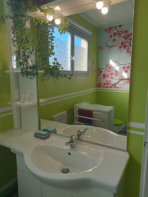 Een douche,  milieuvriendelijk toiletgerief, een haardroger, handdoeken