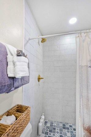 Shower, hair dryer, towels