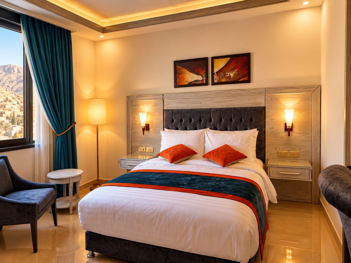 A hotel room with a bed, bedside tables, a lamp, a chair, and artwork on the wall.