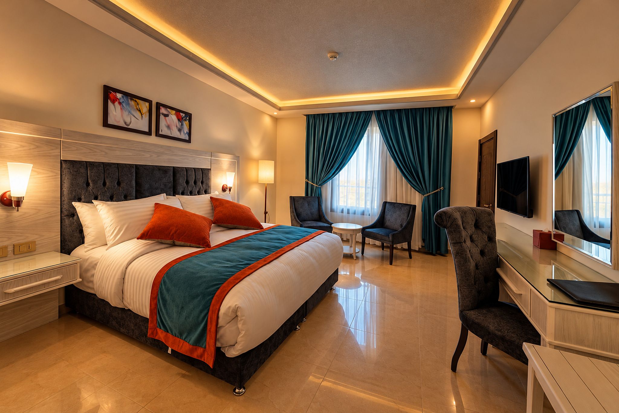 A hotel room with a large bed, two chairs, a desk, a TV, and a window with curtains.