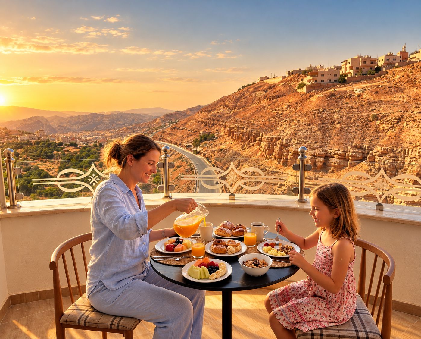 Une table à manger dressée avec des aliments pour le petit-déjeuner, offrant une vue panoramique sur un paysage montagneux.