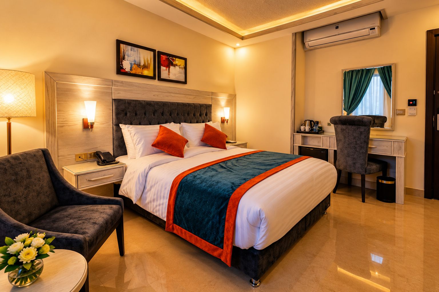 Une chambre d’hôtel avec un lit, un bureau, une chaise, une lampe et des œuvres d’art accrochées au mur.