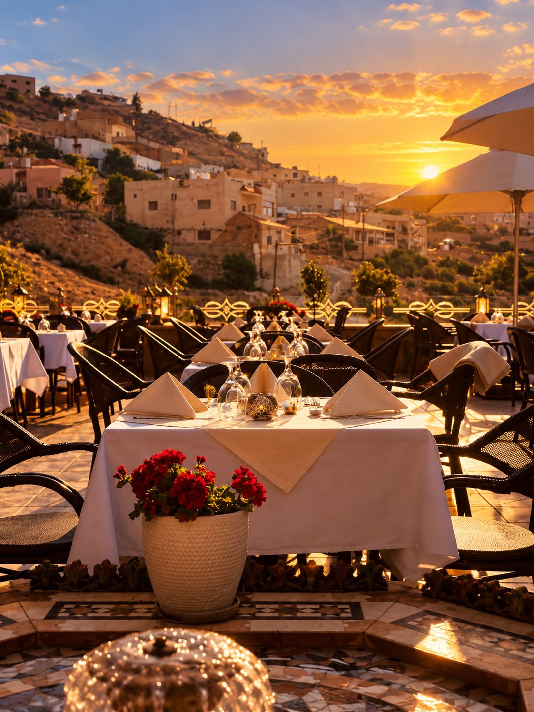 Un espace de restauration en plein air avec des tables disposées pour deux personnes, un grand vase rempli de fleurs rouges et une vue sur une ville perchée sur une colline au coucher du soleil.