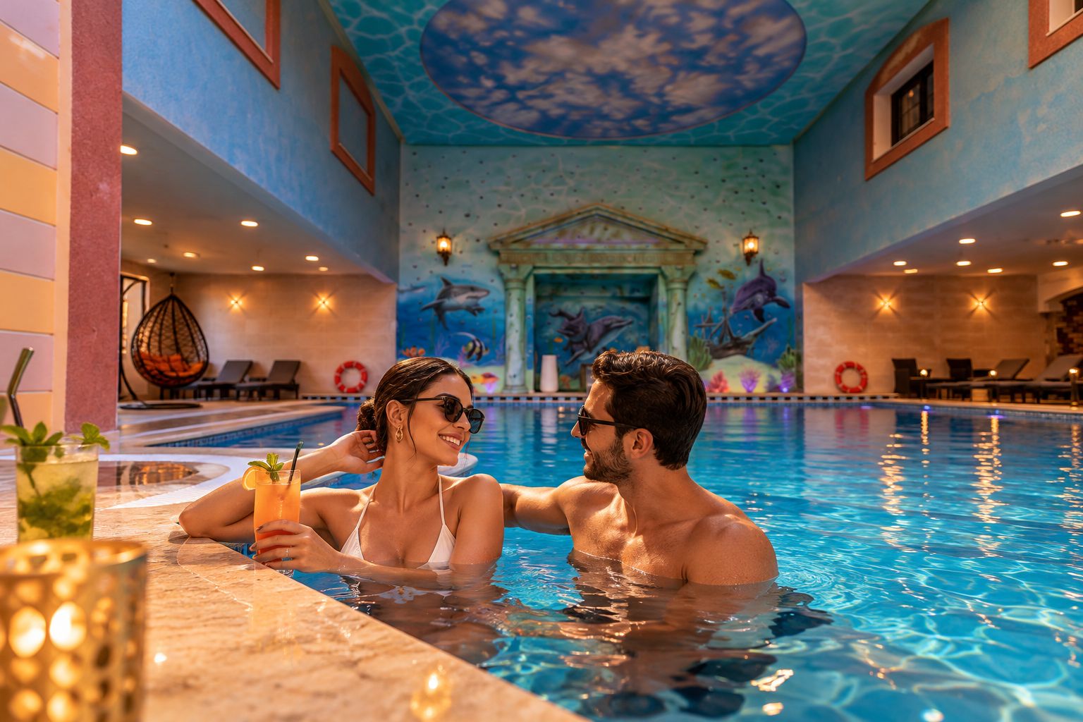 Piscina interior con un mural de delfines, sillas de descanso y zona de bar.