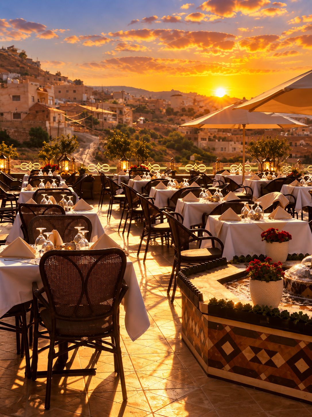 An outdoor dining area with tables set for guests, overlooking a scenic hillside view during sunset.