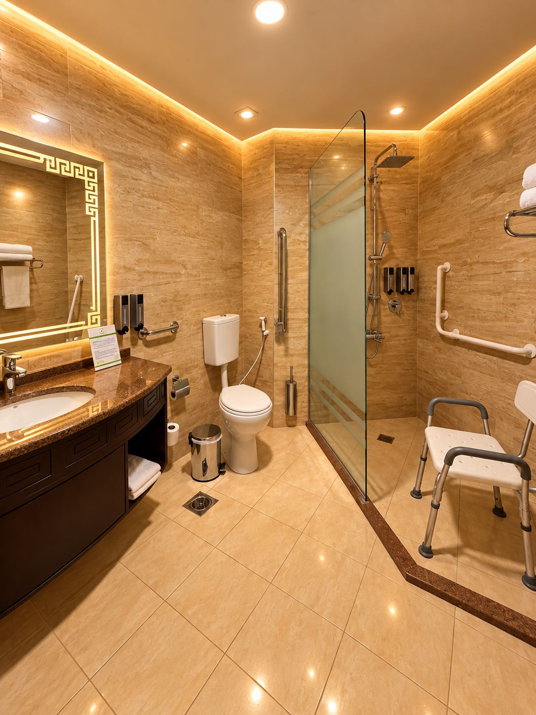 A modern bathroom with a glass-enclosed shower, a vanity with a sink, toilet, and a hand dryer.