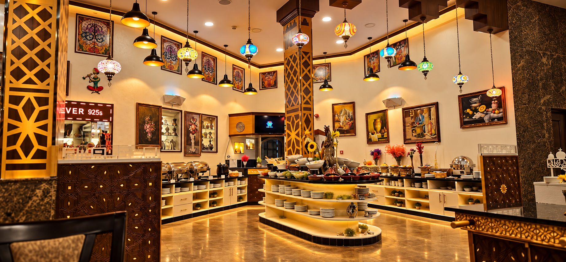 A hotel lobby with a central buffet area, decorative lighting, and artwork on the walls.