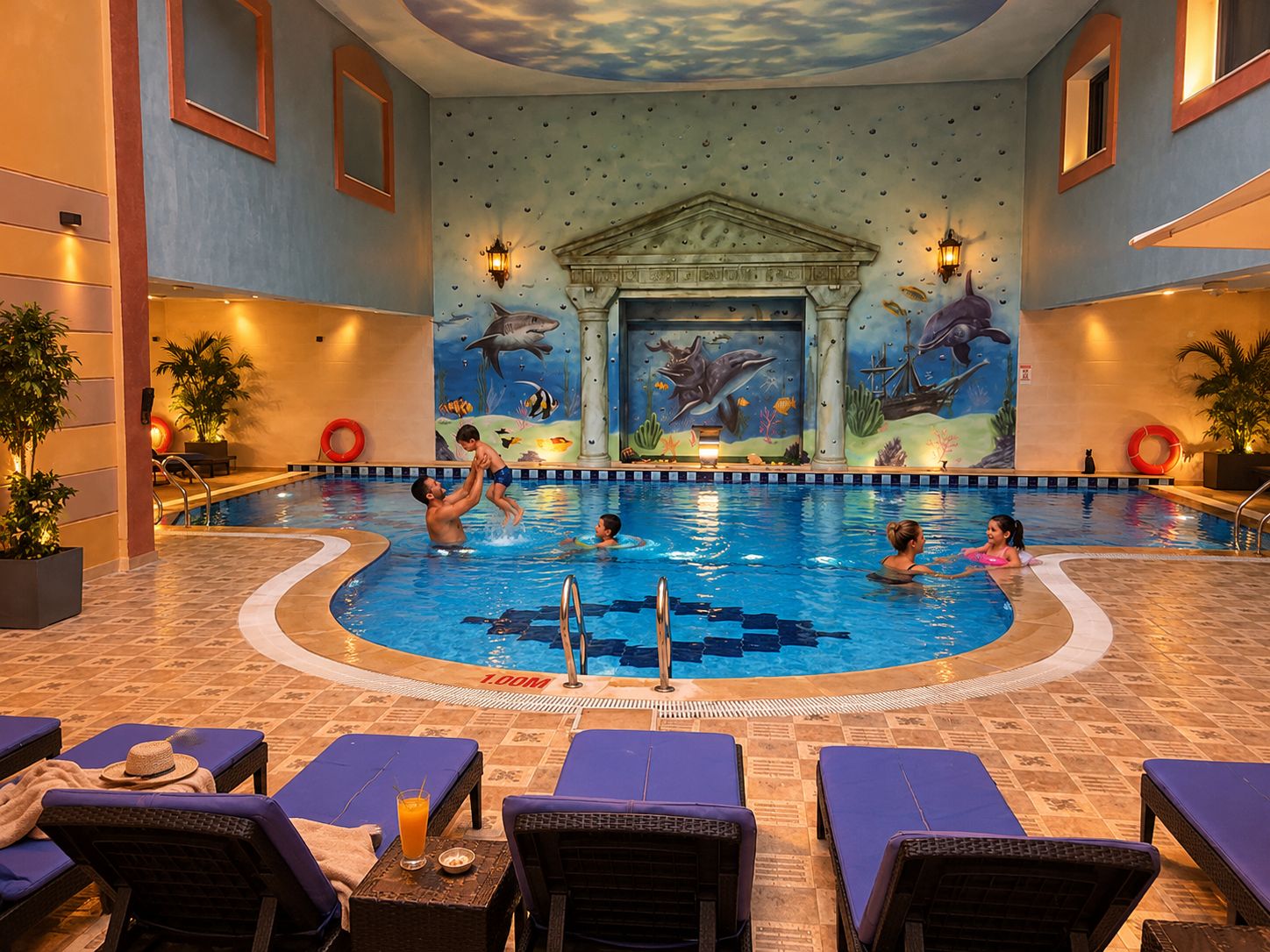 An indoor swimming pool with a mural of marine life on the walls, lounge chairs, and a tiled floor.