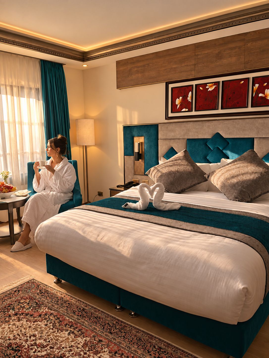 A hotel room with a large bed, a sitting area with a table and chairs, and a view of the outdoors.