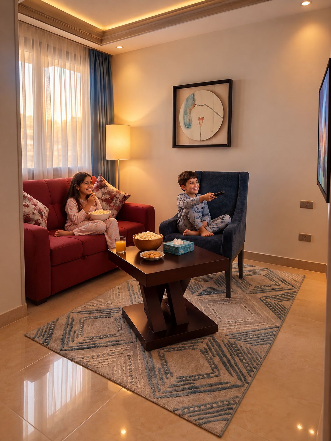 Una sala de estar con un sofá rojo, un sillón azul, una mesa de centro con aperitivos, una lámpara y un cuadro en la pared.