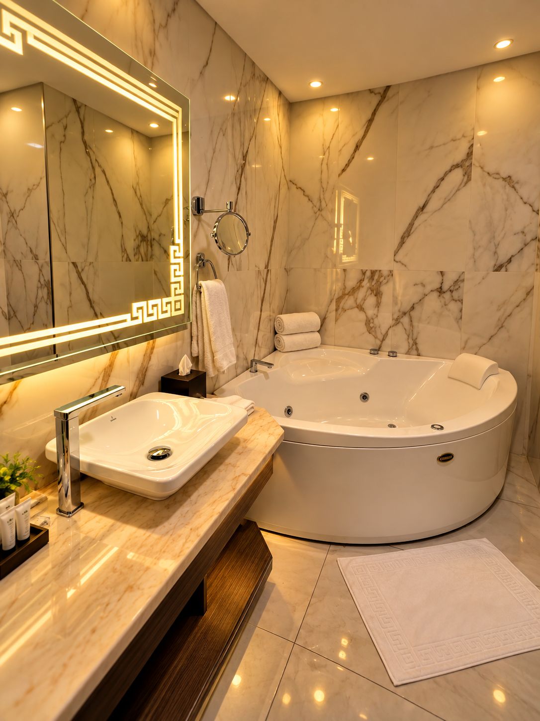 Une salle de bain moderne avec un meuble-lavabo en marbre, une baignoire sur pieds et un grand miroir doté d’un éclairage intégré.