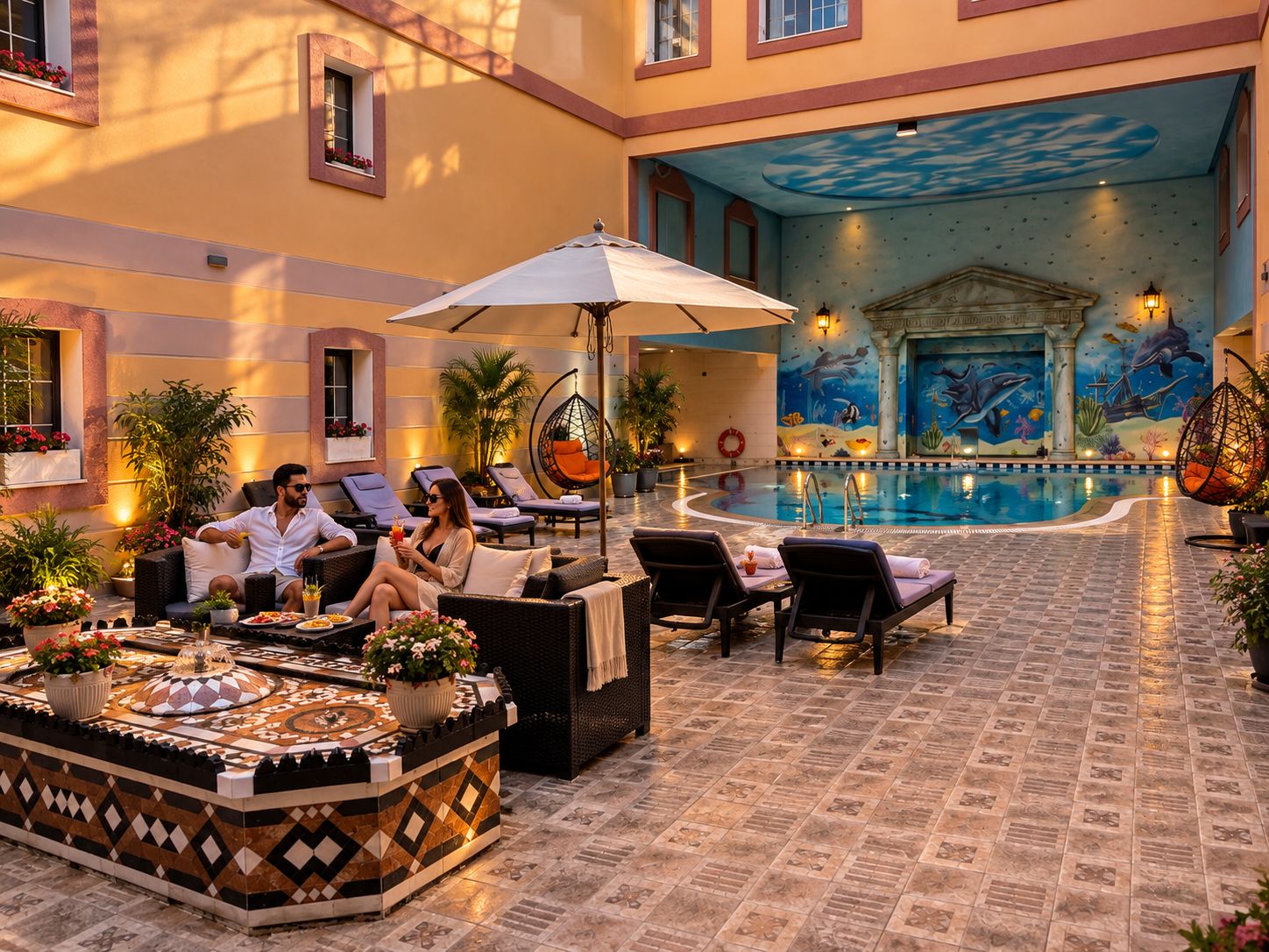 Un área junto a la piscina con sillones de descanso, una fuente decorativa y un mural.