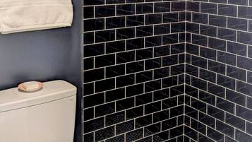 Combined shower/bathtub, hair dryer, bathrobes, towels