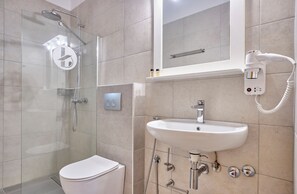 Ducha, secador de pelo, toallas y papel higiénico