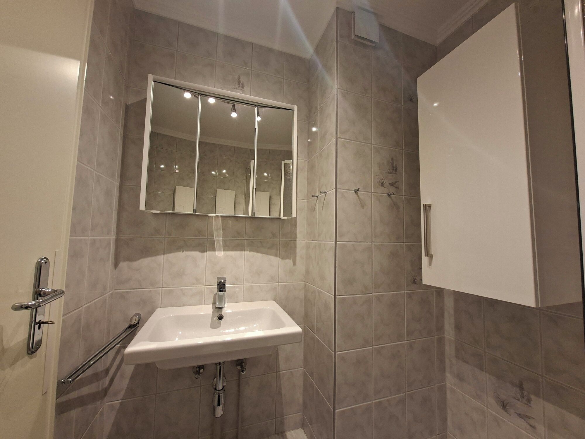 Une salle de bain avec un lavabo blanc, un miroir et un espace douche.