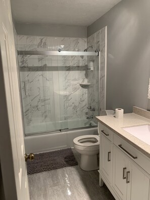 Ensemble douche/baignoire, sèche-cheveux, serviettes fournies, savon