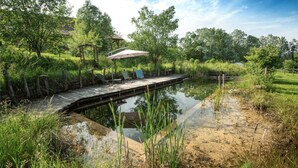 A wooden dock extending over a calm water body, surrounded by lush greenery and trees. - AN OASIS WHERE TO FIND THE ESSENTIALS<br>AND TAKE A BREAK IN CONSCIOUSNESS & IN (SAINT USUGE)