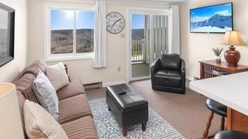 Una televisión de pantalla plana, una chimenea