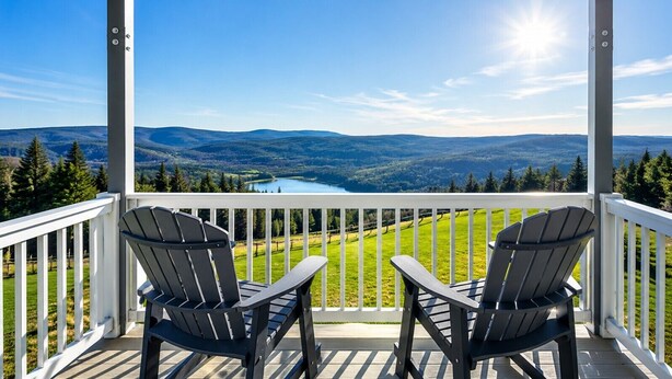 Een balkon met twee Adirondack-stoelen, met uitzicht op een prachtig landschap met bergen en een meer.