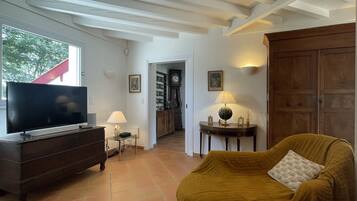 Een smart-tv, een open haard, een tafeltennistafel en boeken