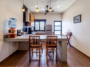 Fridge, microwave, coffee/tea maker, toaster