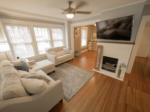 Smart TV, fireplace, books