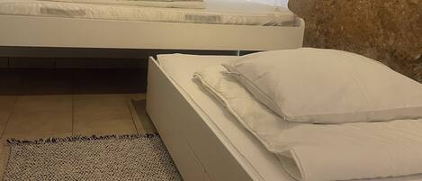 A room with two beds, a patterned rug, and a textured wall.