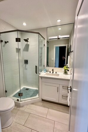 Shower, hair dryer, towels, soap