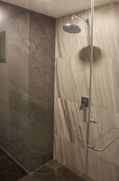 Shower, rainfall showerhead, hair dryer, slippers