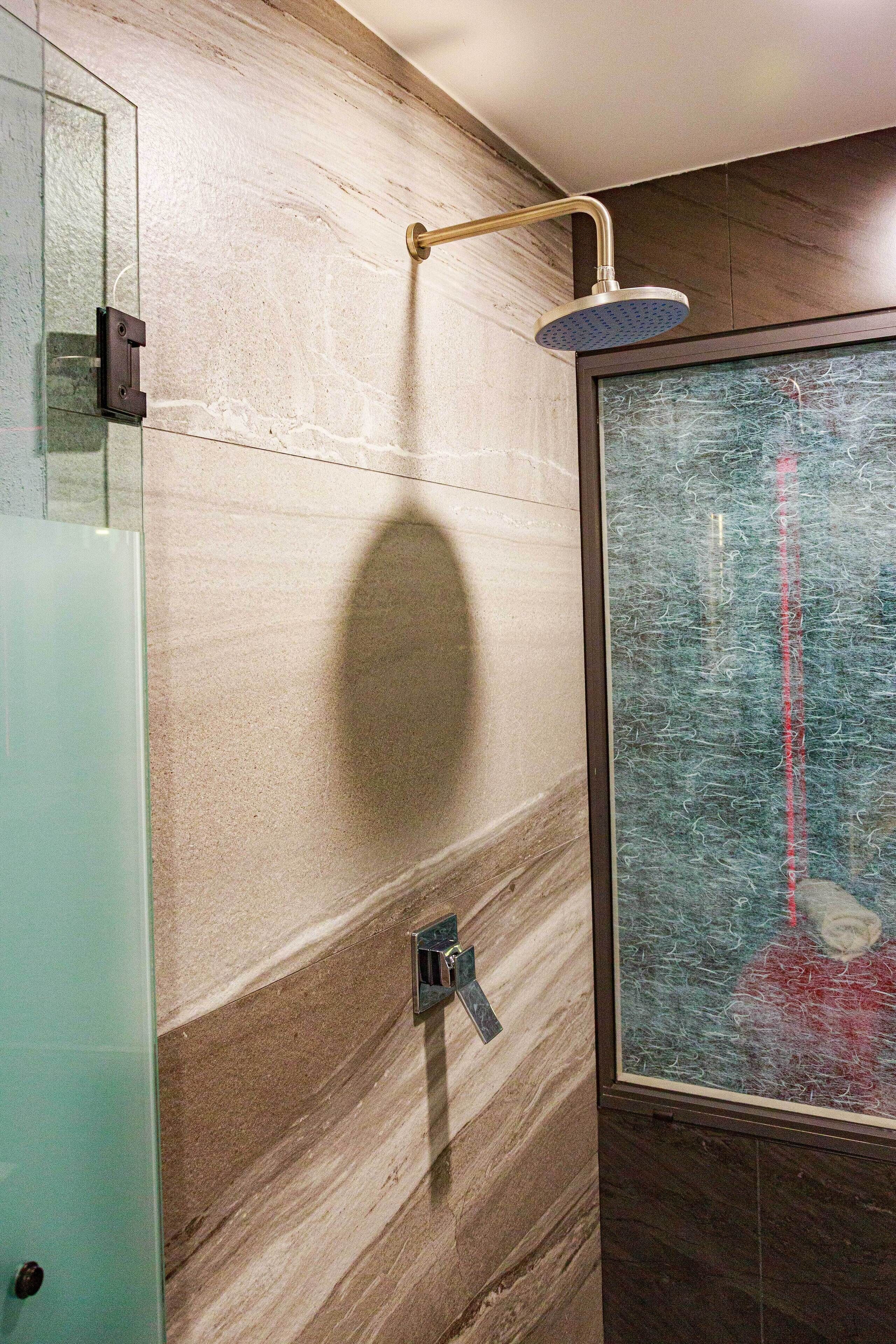 shower, slippers, towels