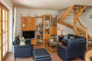 Télévision, cheminée, table de tennis de table, chaîne hi-fi