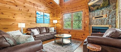 Smart-tv, een open haard, videospelletjes en een dvd-speler