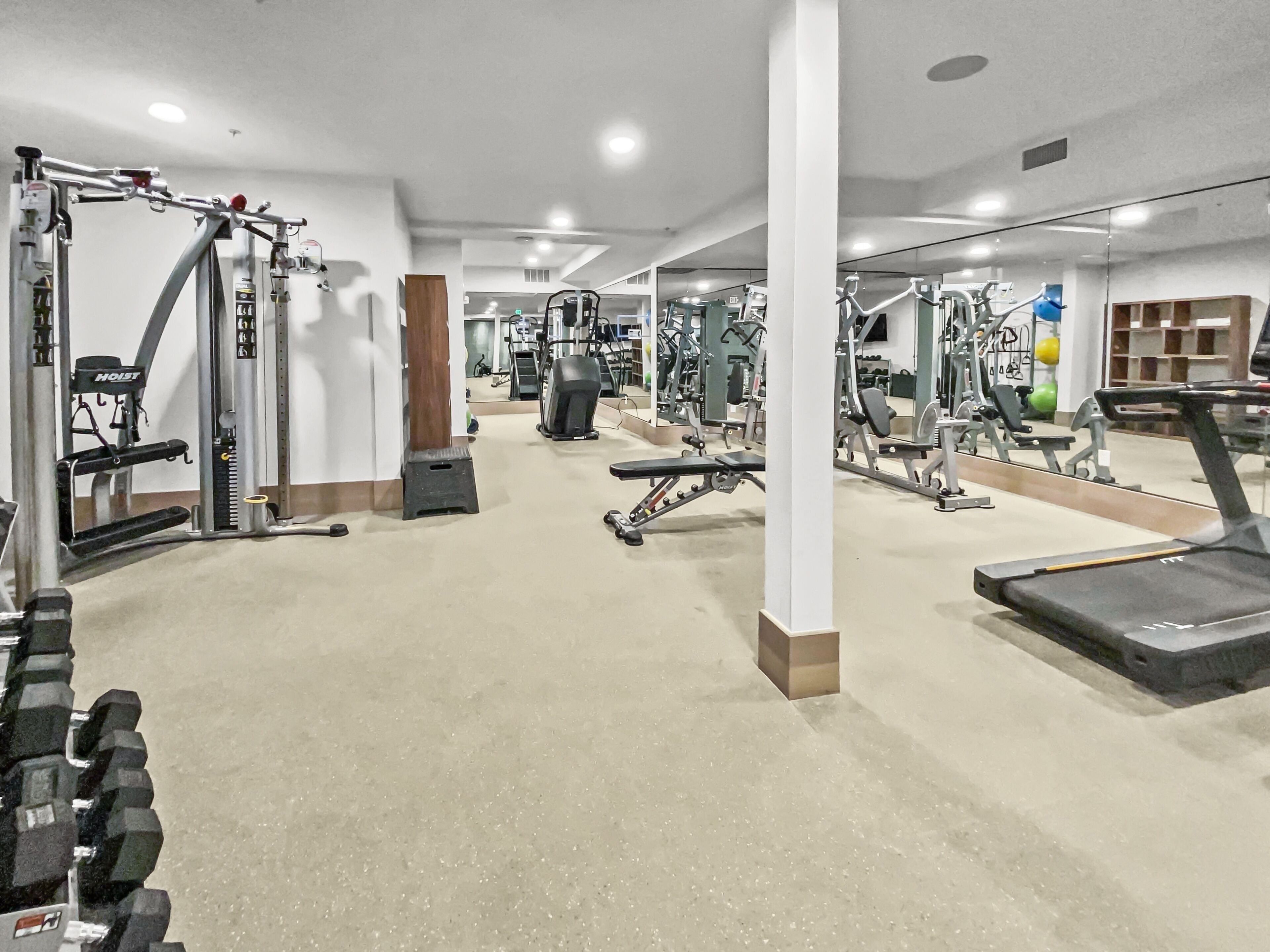 Un gimnasio con diversos equipos de ejercicio, incluyendo cintas de correr, máquinas de pesas y pesas libres.