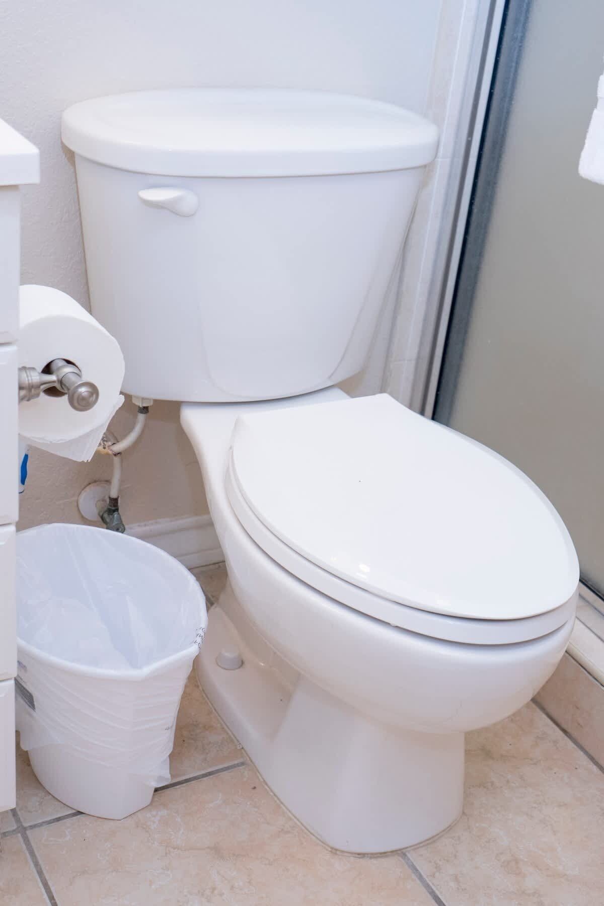 A white toilet with a closed lid, a white trash bin, and a toilet paper holder.
