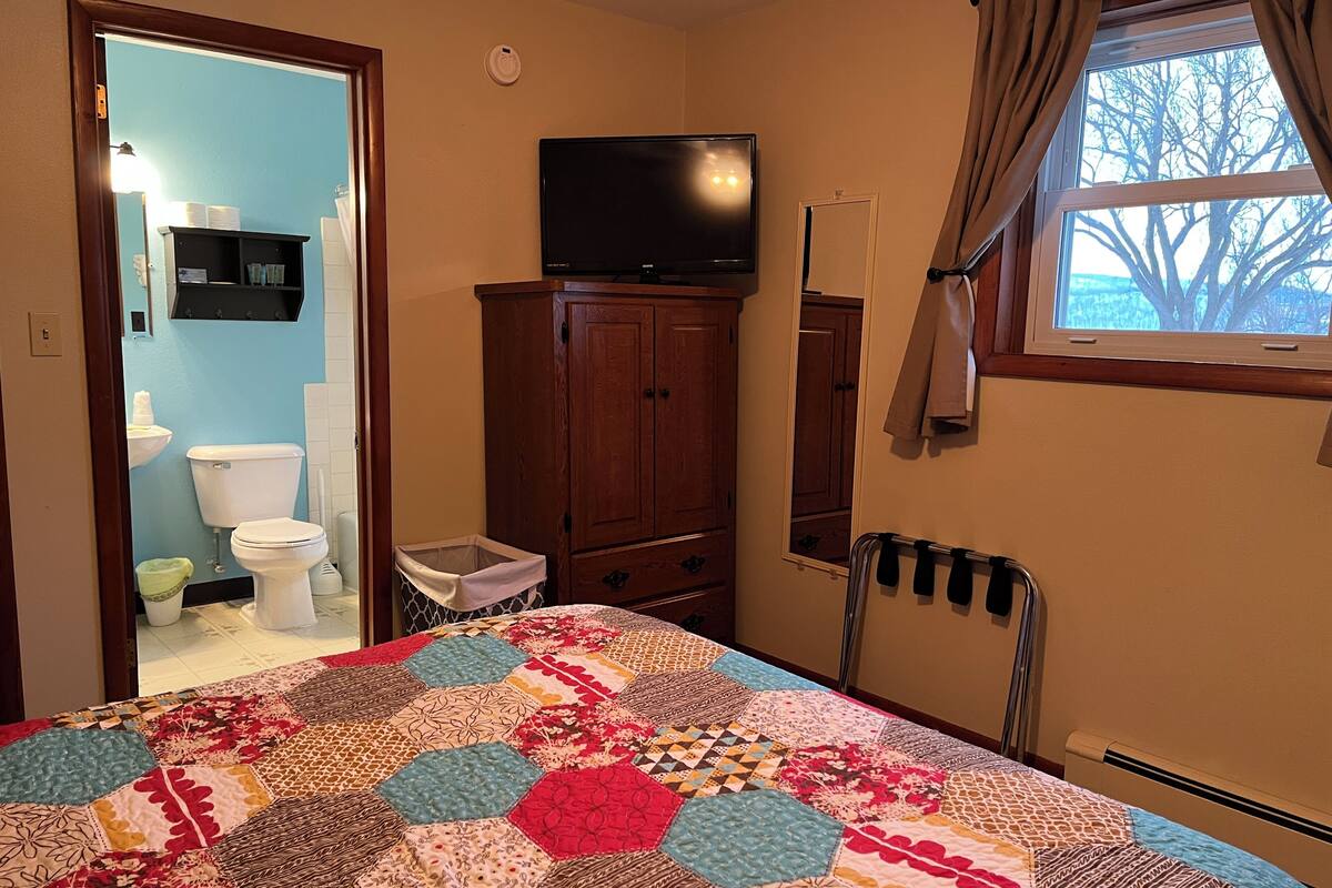 Un dormitorio con cama, televisor, armario, ventana y baño a la vista a través de una puerta abierta.