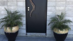 Une porte noire ornée d’un élément décoratif en métal, flanquée de deux grands pots contenant des plantes à feuilles de palmier.