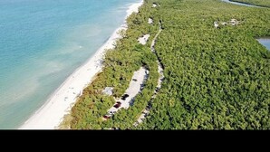 Vue aérienne d’une zone côtière avec une plage, une végétation luxuriante et une rivière.