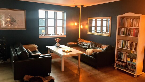 Una sala de estar con sofá, mesa de centro, estantería y ventana.
