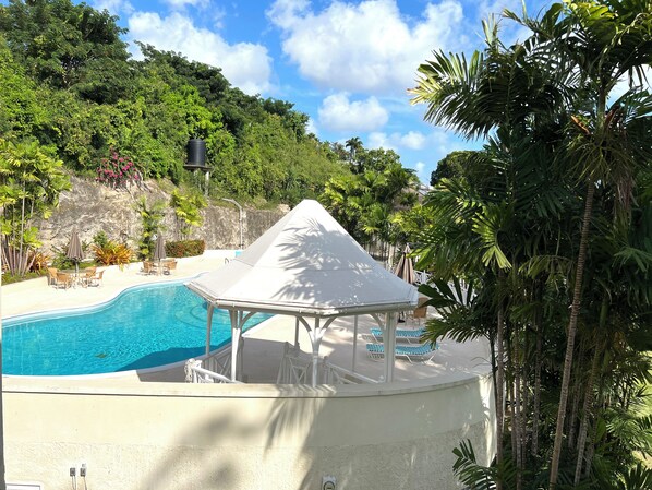 Zona de piscina con sillones reclinables y una zona de estar cubierta, rodeada de vegetación tropical y un promontorio rocoso.